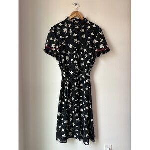 RARE! VTG Talbots Black + White Floral Chiffon Puff Sleeve Midi Dress Size 14